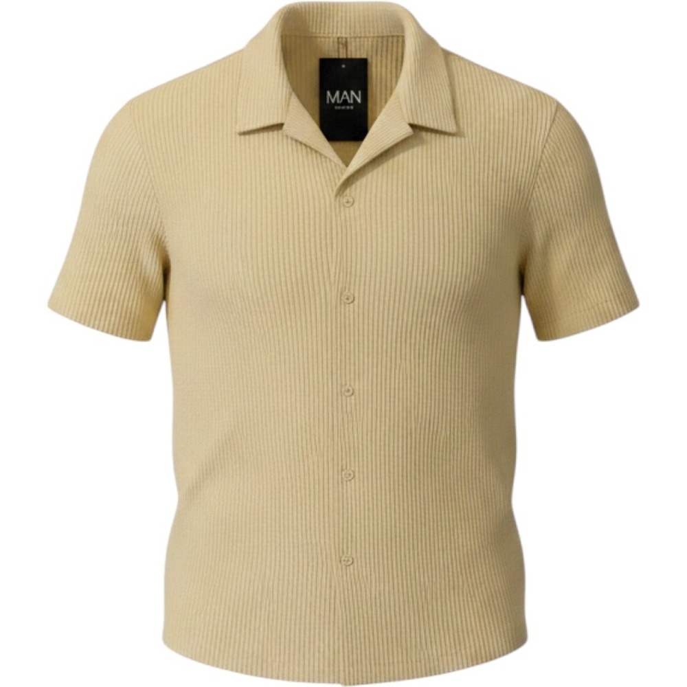 boohooMAN Mens XL Taupe Pleated Short Sleeve Revere Collar Shirt BMM12137-167-36